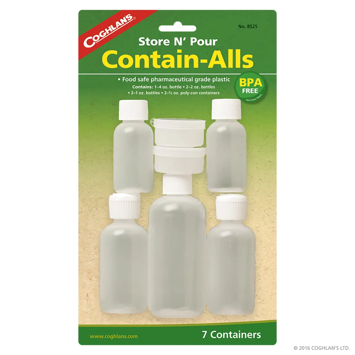 Contain-Alls                                                                                              1) 4 Oz. (120 Ml) Bottle, 2)2 Oz. (60 Ml) Bottles,   2) 1 Oz. (30 Ml)  Bottles, 2) 1/2 Oz. (15 Ml) Polycon Containers 1