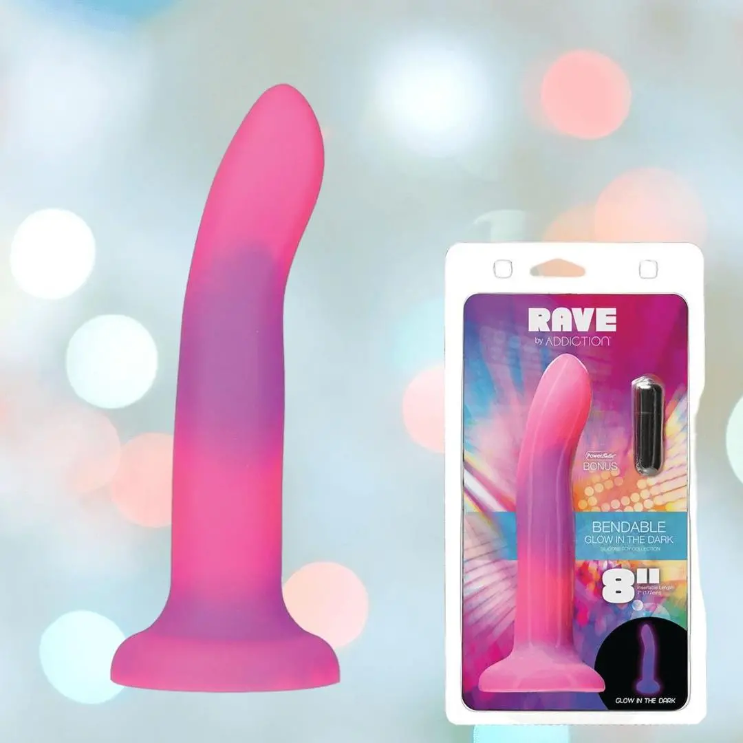 Addiction Rave Glow-In-The-Dark Bendable Vibrating Dong - Pink Purple 8" 1
