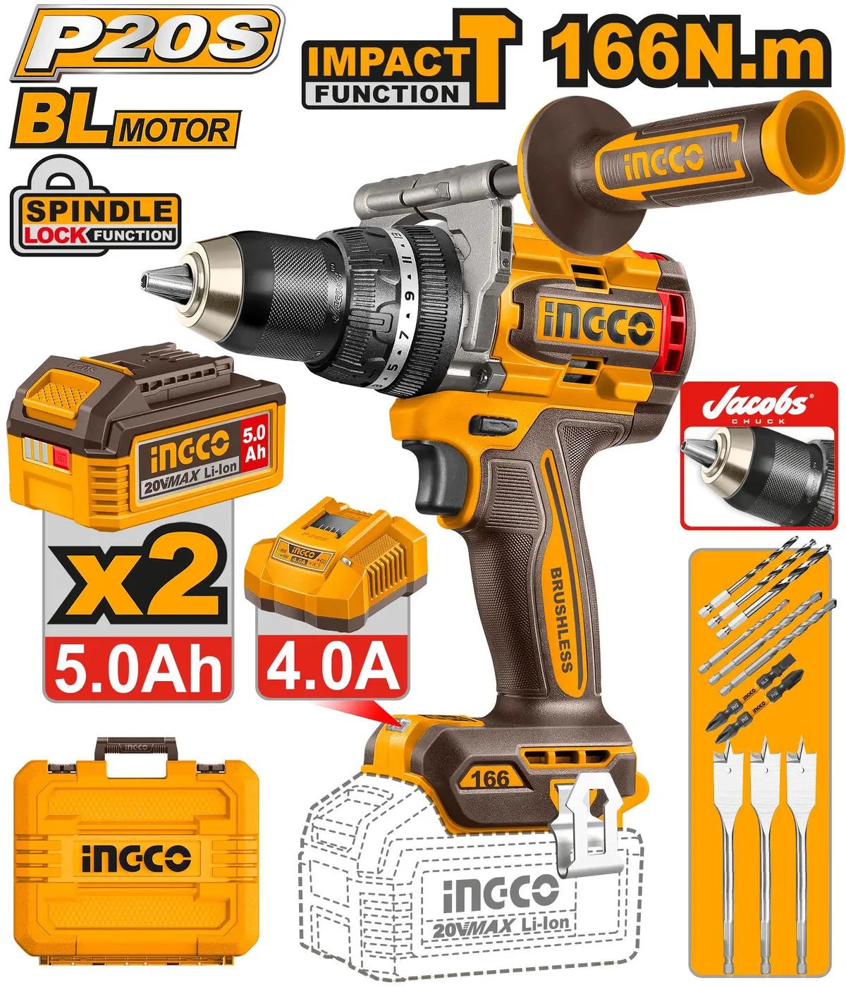 Ingco Brushless Cordless Impact Drill 20V Cidli201668 1