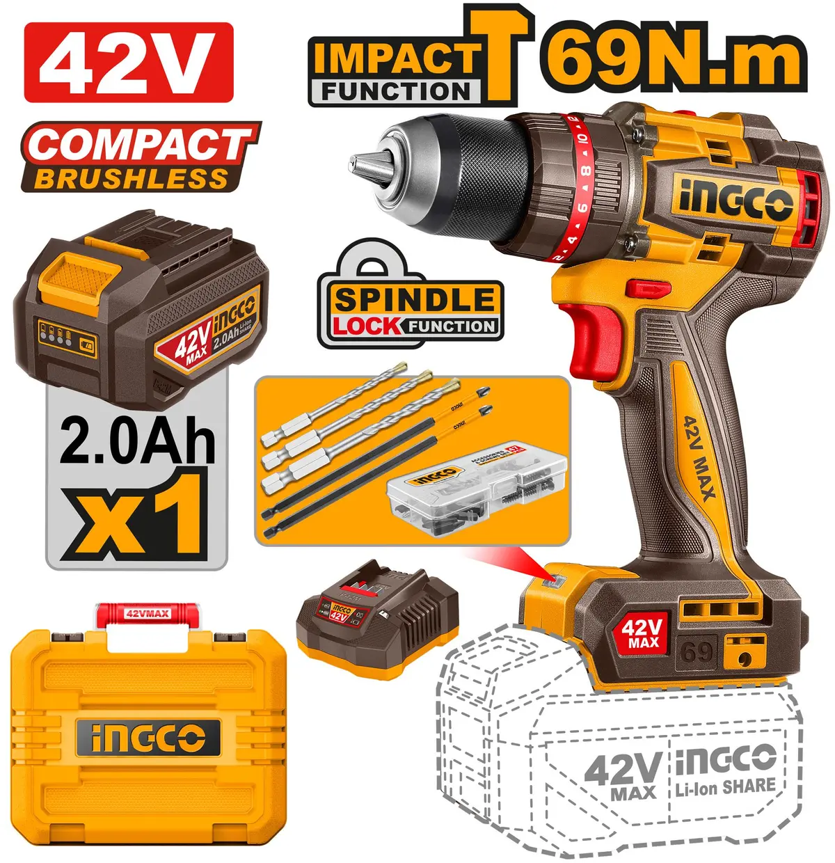Ingco Compact Brushless Cordless Impact Drill 42V Cidli426981 1