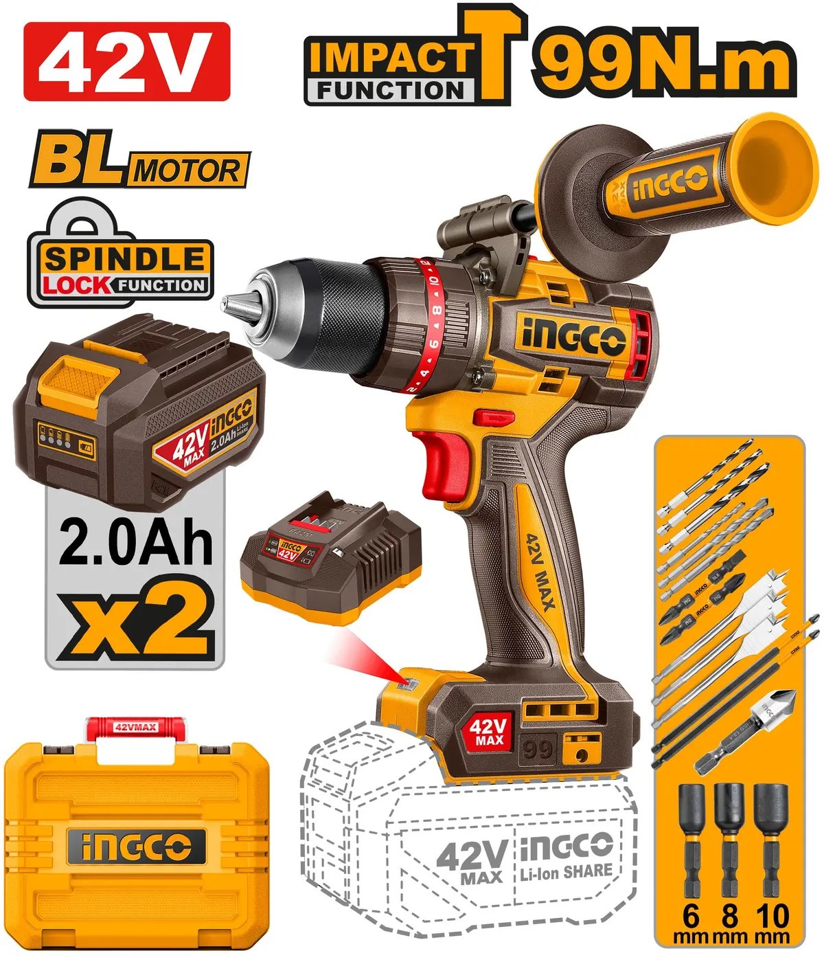 Ingco Brushless Cordless Impact Drill 42V Cidli429982 1