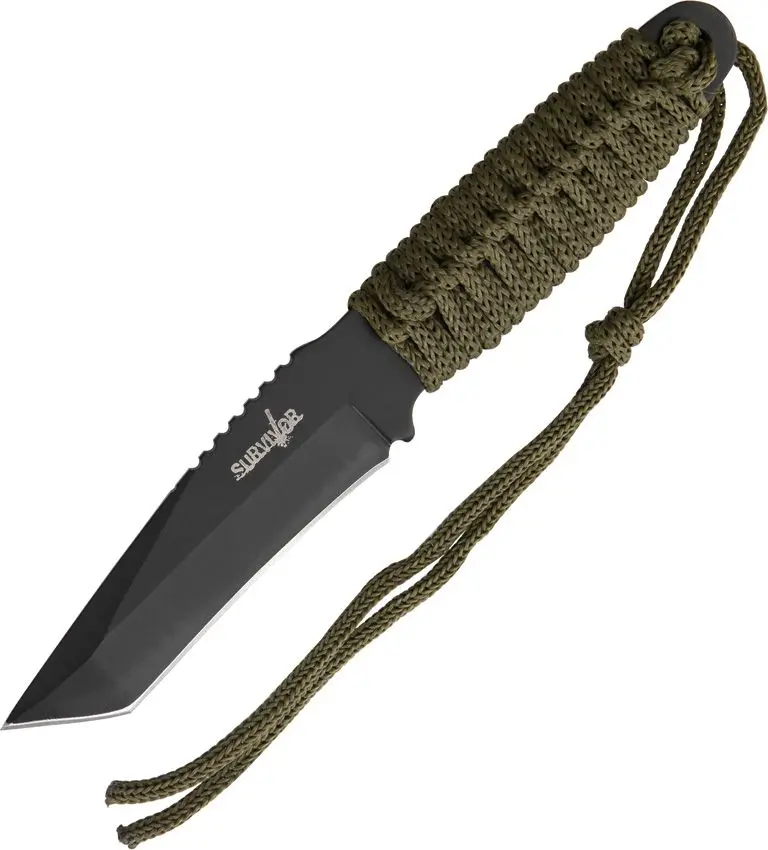 Master Cutlery Survival Knife With Cord Wapped Handles And Black Coated Stainless Steel 4" Tanto Point Plain Edge 1