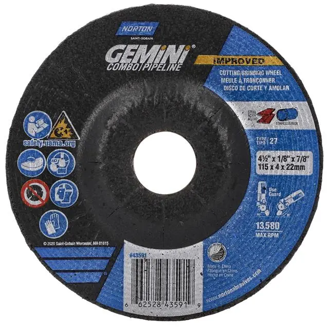 Norton Cut-Off & Grinding Wheel: Type 27, 4 1/2 In X 1/8 In X 7/8 In, Aluminum Oxide, 24 Grit 1