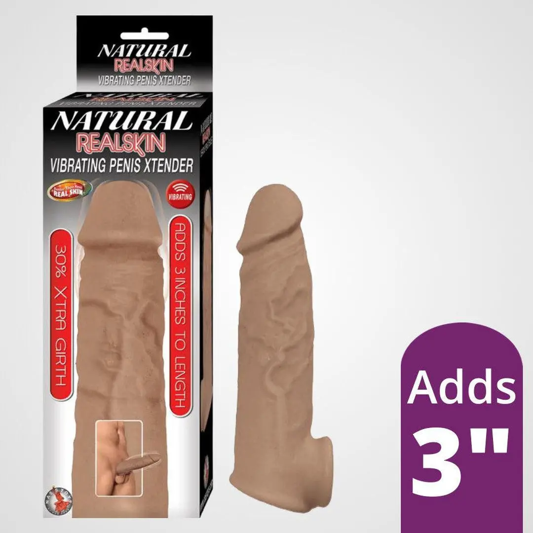 Natural Realskin Vibrating Penis Xtender With Scrotum Hole (Brown) 1