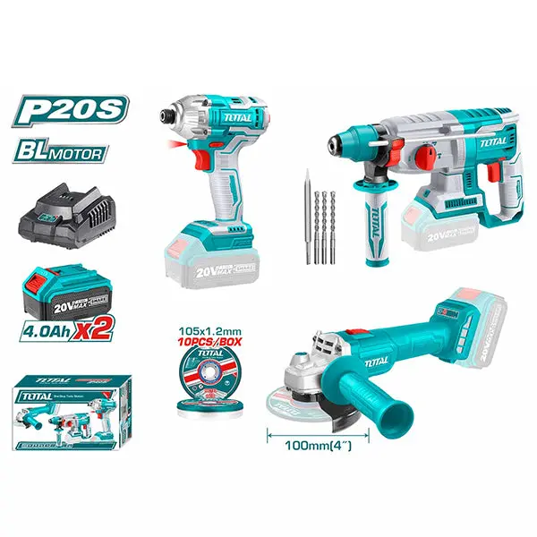Total Lithium-Ion Cordless 3 Pcs Combo Kit 20V Brushless Tosli2301510 1