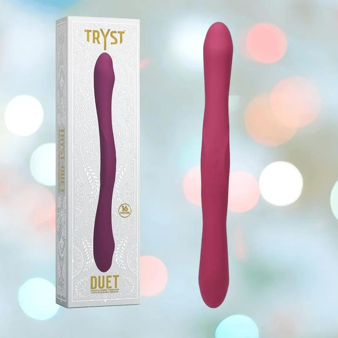 Tryst Duet Double-Ended Silicone Vibrating Dildo With Wireless Remote - Berry 1