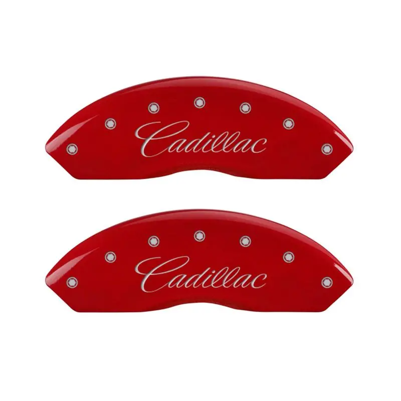 Mgp Engraved 4-Piston Caliper Covers – Front & Rear, Cursive Design, Cadillac Red Finish With Silver Accents 1